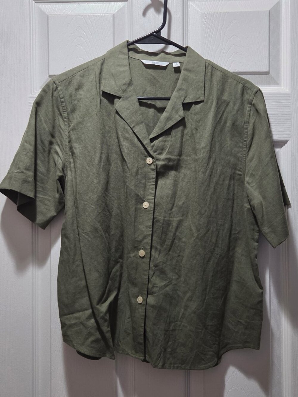 Uniqlo Women's Linen Blend Camp Open Collar Short-Sleeve Shirt Olive S